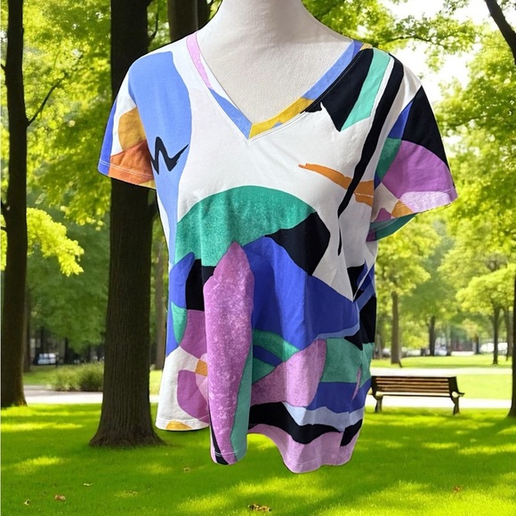 Chico's Colorful Abstract V-Neck Tee - Picture 1 of 5